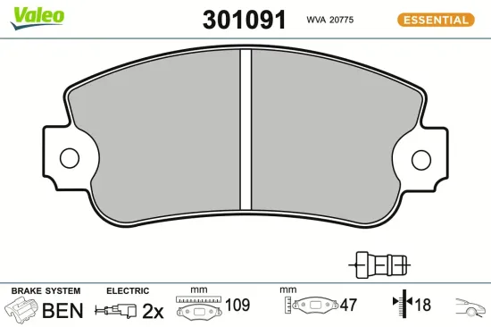 Bremsbelagsatz, Scheibenbremse Vorderachse VALEO 301091 Bild Bremsbelagsatz, Scheibenbremse Vorderachse VALEO 301091