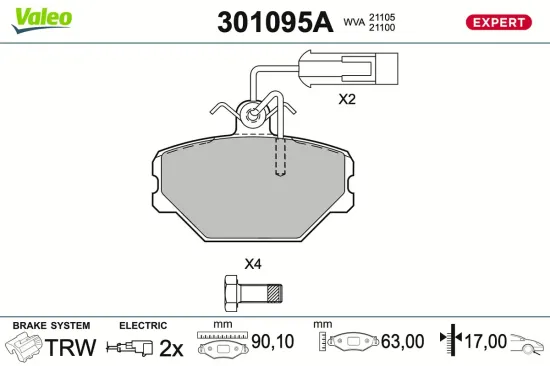 Bremsbelagsatz, Scheibenbremse Vorderachse VALEO 301095A Bild Bremsbelagsatz, Scheibenbremse Vorderachse VALEO 301095A