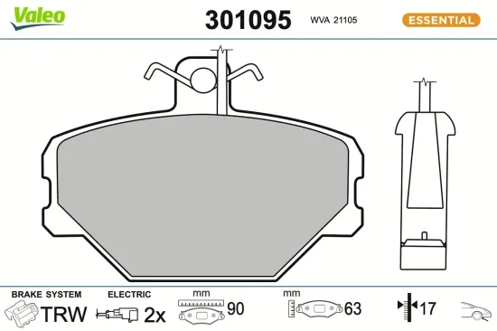 Bremsbelagsatz, Scheibenbremse Vorderachse VALEO 301095 Bild Bremsbelagsatz, Scheibenbremse Vorderachse VALEO 301095