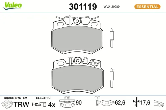 Bremsbelagsatz, Scheibenbremse Vorderachse VALEO 301119 Bild Bremsbelagsatz, Scheibenbremse Vorderachse VALEO 301119