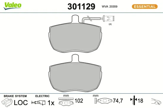 Bremsbelagsatz, Scheibenbremse Vorderachse VALEO 301129 Bild Bremsbelagsatz, Scheibenbremse Vorderachse VALEO 301129