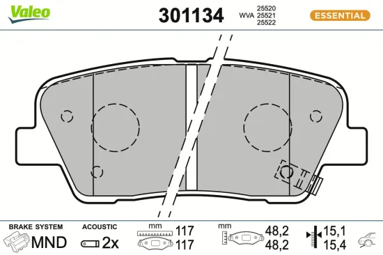 Bremsbelagsatz, Scheibenbremse Hinterachse VALEO 301134 Bild Bremsbelagsatz, Scheibenbremse Hinterachse VALEO 301134