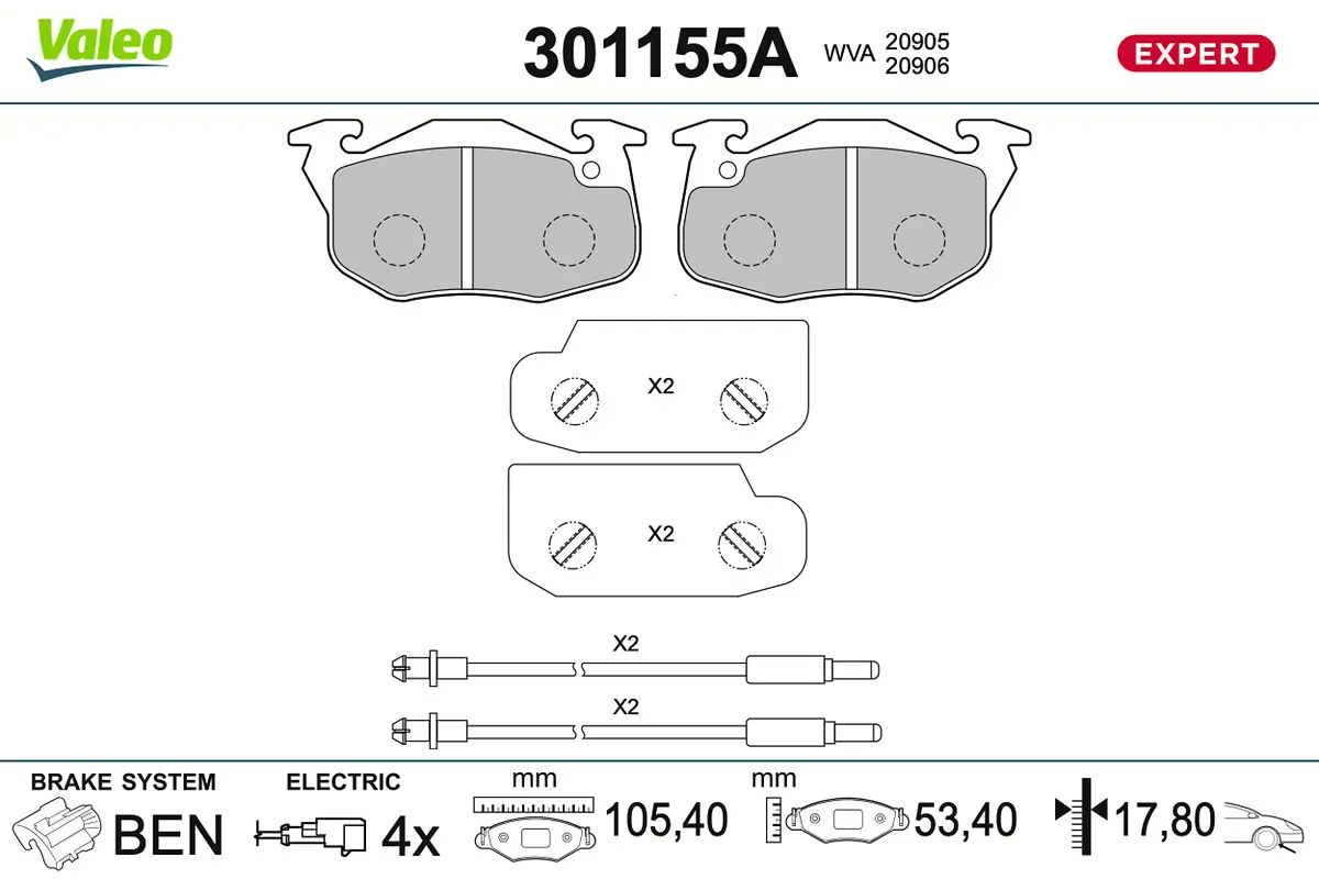 Bremsbelagsatz, Scheibenbremse Vorderachse VALEO 301155A