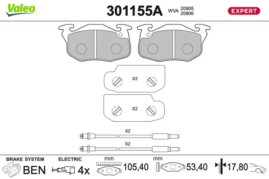 Bremsbelagsatz, Scheibenbremse Vorderachse VALEO 301155A Bild Bremsbelagsatz, Scheibenbremse Vorderachse VALEO 301155A