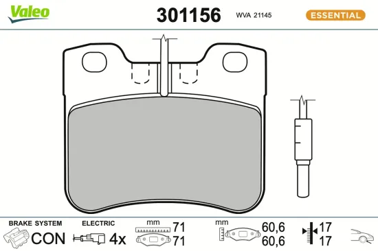 Bremsbelagsatz, Scheibenbremse Vorderachse VALEO 301156 Bild Bremsbelagsatz, Scheibenbremse Vorderachse VALEO 301156
