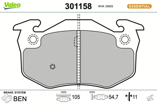 Bremsbelagsatz, Scheibenbremse Hinterachse VALEO 301158 Bild Bremsbelagsatz, Scheibenbremse Hinterachse VALEO 301158