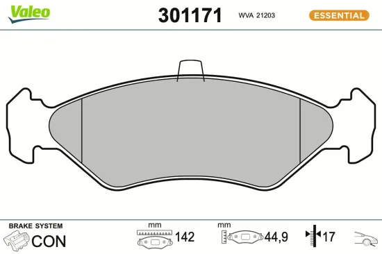 Bremsbelagsatz, Scheibenbremse Vorderachse VALEO 301171 Bild Bremsbelagsatz, Scheibenbremse Vorderachse VALEO 301171
