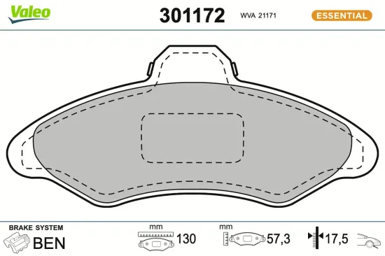 Bremsbelagsatz, Scheibenbremse Vorderachse VALEO 301172 Bild Bremsbelagsatz, Scheibenbremse Vorderachse VALEO 301172