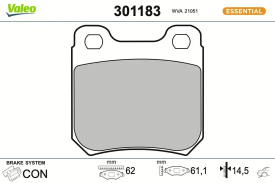 Bremsbelagsatz, Scheibenbremse Hinterachse VALEO 301183 Bild Bremsbelagsatz, Scheibenbremse Hinterachse VALEO 301183