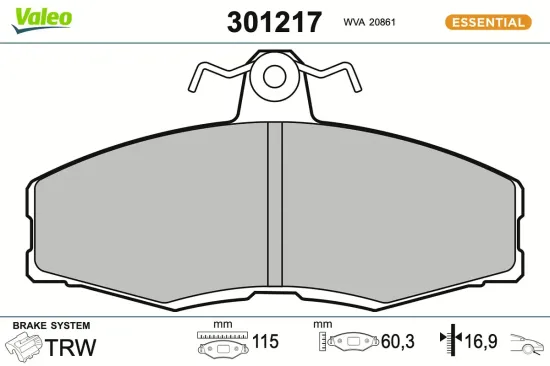 Bremsbelagsatz, Scheibenbremse Vorderachse VALEO 301217 Bild Bremsbelagsatz, Scheibenbremse Vorderachse VALEO 301217