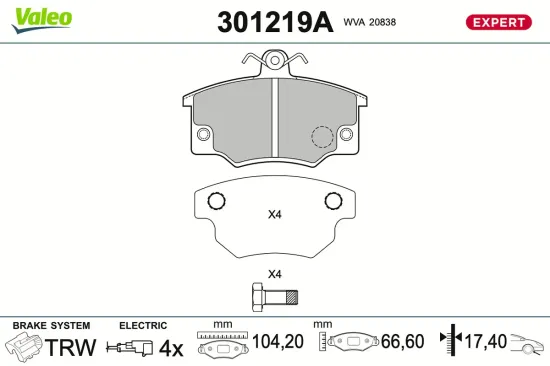 Bremsbelagsatz, Scheibenbremse Vorderachse VALEO 301219A Bild Bremsbelagsatz, Scheibenbremse Vorderachse VALEO 301219A