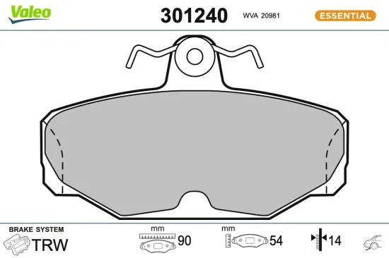 Bremsbelagsatz, Scheibenbremse Hinterachse VALEO 301240 Bild Bremsbelagsatz, Scheibenbremse Hinterachse VALEO 301240
