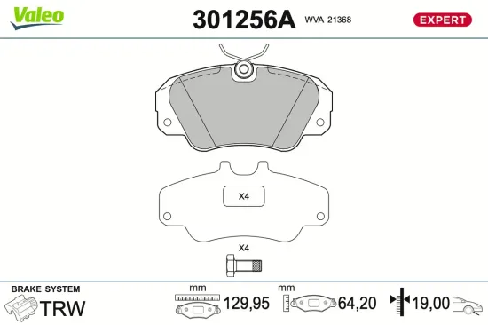 Bremsbelagsatz, Scheibenbremse Vorderachse VALEO 301256A Bild Bremsbelagsatz, Scheibenbremse Vorderachse VALEO 301256A