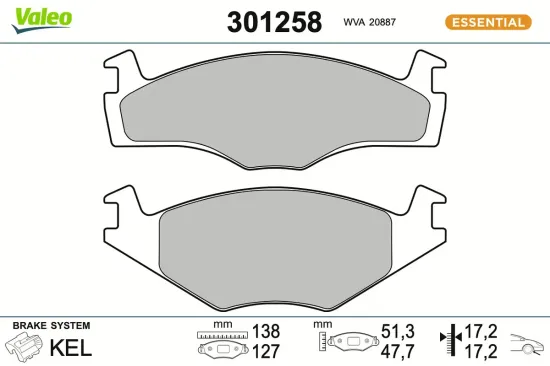 Bremsbelagsatz, Scheibenbremse Vorderachse VALEO 301258 Bild Bremsbelagsatz, Scheibenbremse Vorderachse VALEO 301258
