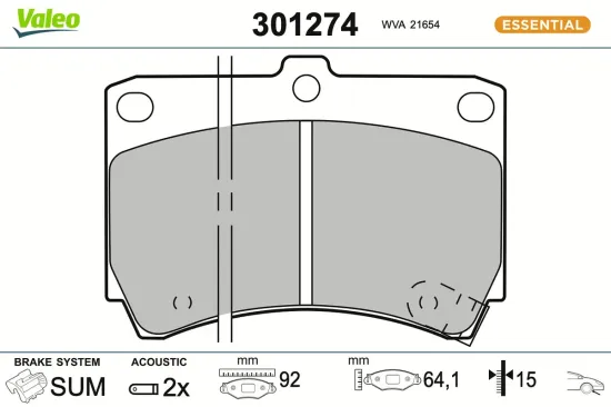 Bremsbelagsatz, Scheibenbremse Vorderachse VALEO 301274 Bild Bremsbelagsatz, Scheibenbremse Vorderachse VALEO 301274