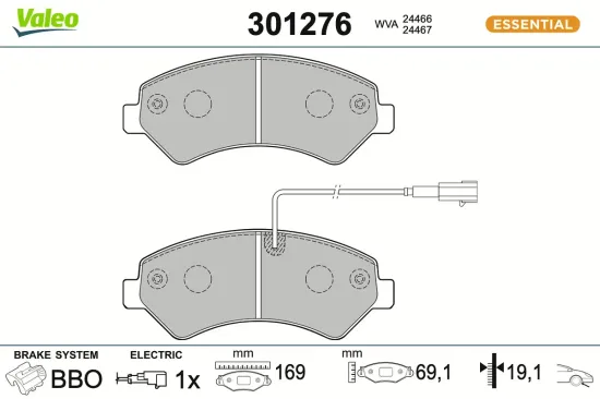 Bremsbelagsatz, Scheibenbremse Vorderachse VALEO 301276 Bild Bremsbelagsatz, Scheibenbremse Vorderachse VALEO 301276