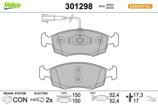 Bremsbelagsatz, Scheibenbremse Vorderachse VALEO 301298 Bild Bremsbelagsatz, Scheibenbremse Vorderachse VALEO 301298