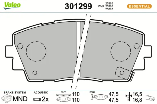 Bremsbelagsatz, Scheibenbremse Vorderachse VALEO 301299 Bild Bremsbelagsatz, Scheibenbremse Vorderachse VALEO 301299