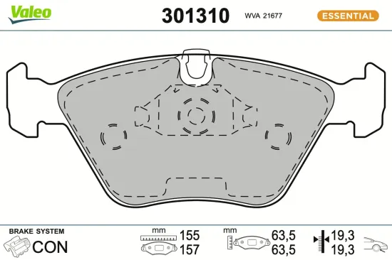Bremsbelagsatz, Scheibenbremse Vorderachse VALEO 301310 Bild Bremsbelagsatz, Scheibenbremse Vorderachse VALEO 301310