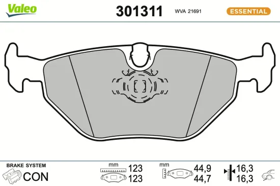 Bremsbelagsatz, Scheibenbremse Hinterachse VALEO 301311 Bild Bremsbelagsatz, Scheibenbremse Hinterachse VALEO 301311