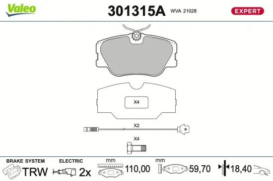 Bremsbelagsatz, Scheibenbremse Vorderachse VALEO 301315A Bild Bremsbelagsatz, Scheibenbremse Vorderachse VALEO 301315A