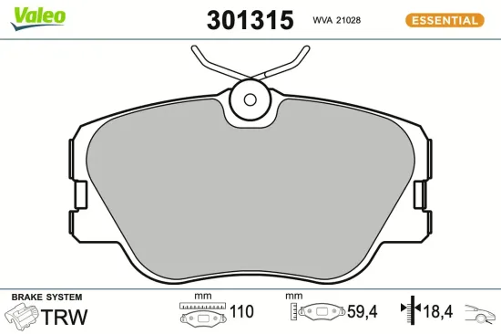 Bremsbelagsatz, Scheibenbremse Vorderachse VALEO 301315 Bild Bremsbelagsatz, Scheibenbremse Vorderachse VALEO 301315