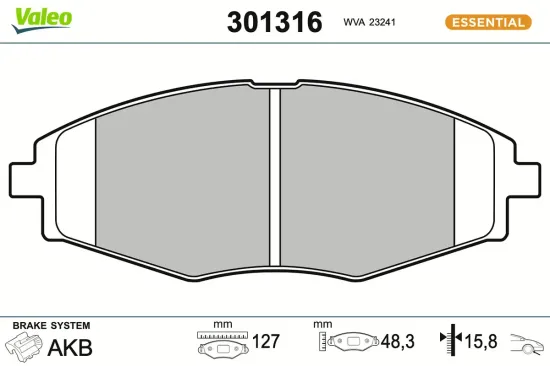 Bremsbelagsatz, Scheibenbremse Vorderachse VALEO 301316 Bild Bremsbelagsatz, Scheibenbremse Vorderachse VALEO 301316
