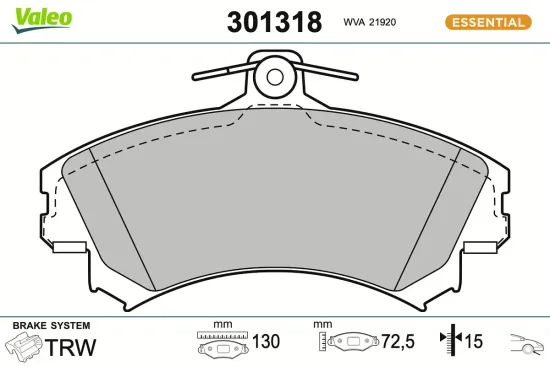 Bremsbelagsatz, Scheibenbremse Vorderachse VALEO 301318 Bild Bremsbelagsatz, Scheibenbremse Vorderachse VALEO 301318
