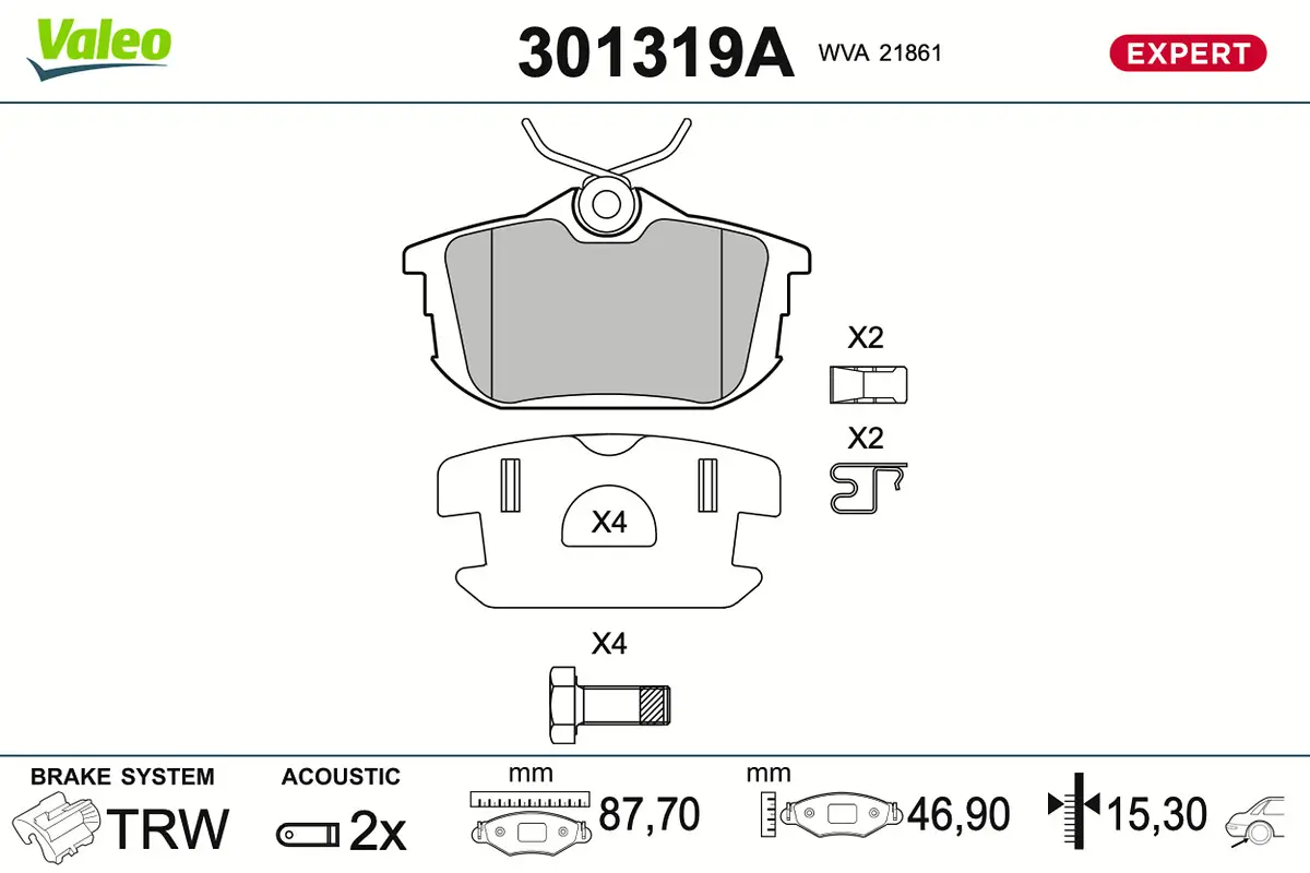 Bremsbelagsatz, Scheibenbremse Hinterachse VALEO 301319A