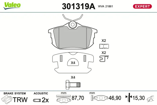 Bremsbelagsatz, Scheibenbremse Hinterachse VALEO 301319A Bild Bremsbelagsatz, Scheibenbremse Hinterachse VALEO 301319A