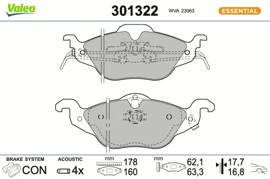 Bremsbelagsatz, Scheibenbremse Vorderachse VALEO 301322 Bild Bremsbelagsatz, Scheibenbremse Vorderachse VALEO 301322