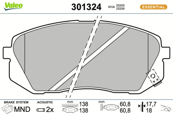 Bremsbelagsatz, Scheibenbremse Vorderachse VALEO 301324 Bild Bremsbelagsatz, Scheibenbremse Vorderachse VALEO 301324