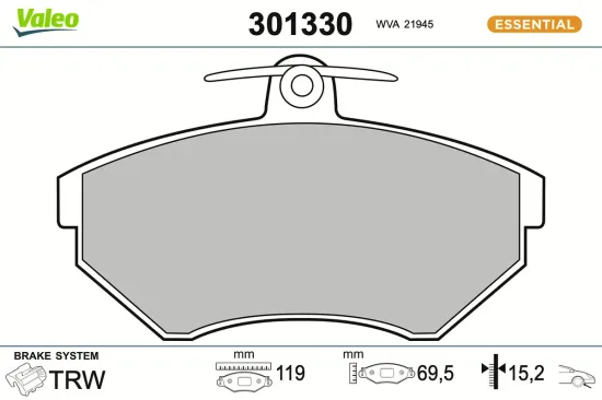 Bremsbelagsatz, Scheibenbremse Vorderachse VALEO 301330 Bild Bremsbelagsatz, Scheibenbremse Vorderachse VALEO 301330