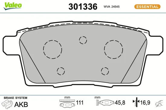 Bremsbelagsatz, Scheibenbremse Hinterachse VALEO 301336 Bild Bremsbelagsatz, Scheibenbremse Hinterachse VALEO 301336