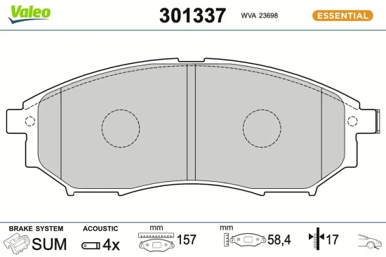 Bremsbelagsatz, Scheibenbremse Vorderachse VALEO 301337 Bild Bremsbelagsatz, Scheibenbremse Vorderachse VALEO 301337