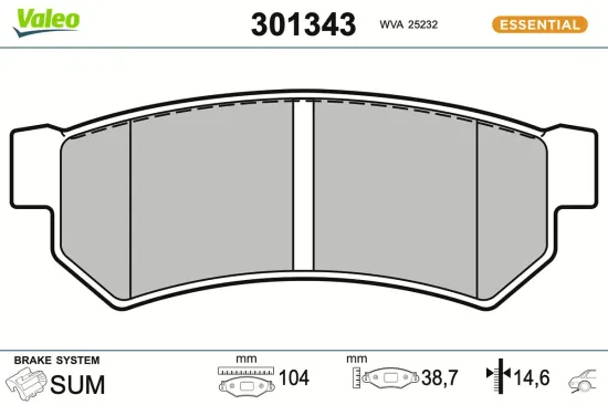 Bremsbelagsatz, Scheibenbremse Hinterachse VALEO 301343 Bild Bremsbelagsatz, Scheibenbremse Hinterachse VALEO 301343