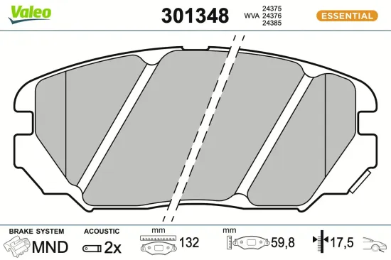 Bremsbelagsatz, Scheibenbremse Vorderachse VALEO 301348 Bild Bremsbelagsatz, Scheibenbremse Vorderachse VALEO 301348