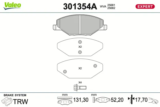 Bremsbelagsatz, Scheibenbremse Vorderachse VALEO 301354A Bild Bremsbelagsatz, Scheibenbremse Vorderachse VALEO 301354A