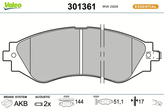 Bremsbelagsatz, Scheibenbremse Vorderachse VALEO 301361 Bild Bremsbelagsatz, Scheibenbremse Vorderachse VALEO 301361