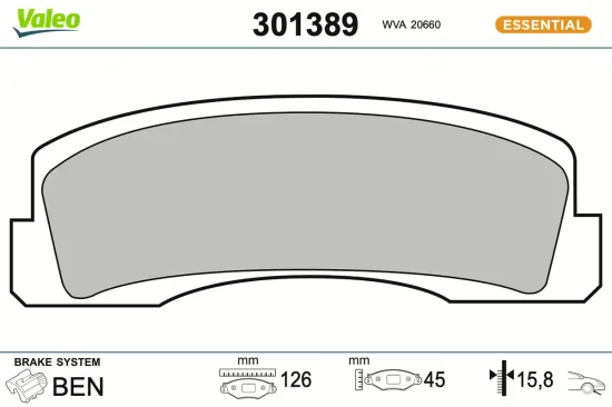 Bremsbelagsatz, Scheibenbremse Vorderachse VALEO 301389 Bild Bremsbelagsatz, Scheibenbremse Vorderachse VALEO 301389