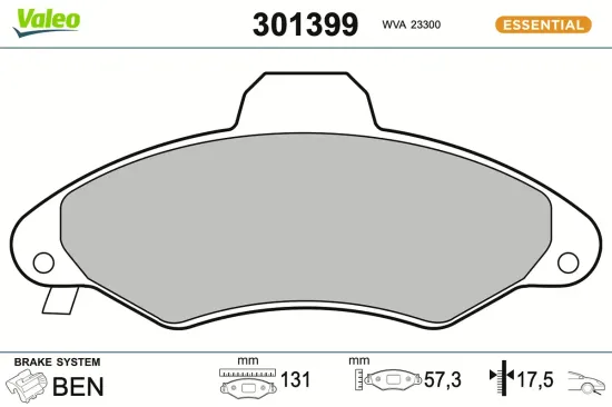 Bremsbelagsatz, Scheibenbremse Vorderachse VALEO 301399 Bild Bremsbelagsatz, Scheibenbremse Vorderachse VALEO 301399