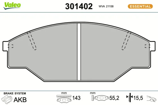Bremsbelagsatz, Scheibenbremse Vorderachse VALEO 301402 Bild Bremsbelagsatz, Scheibenbremse Vorderachse VALEO 301402