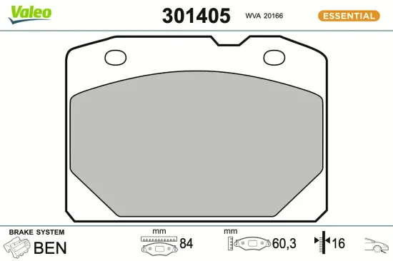 Bremsbelagsatz, Scheibenbremse Vorderachse VALEO 301405 Bild Bremsbelagsatz, Scheibenbremse Vorderachse VALEO 301405