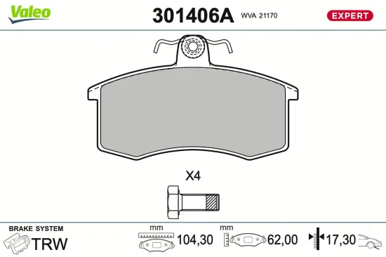 Bremsbelagsatz, Scheibenbremse Vorderachse VALEO 301406A Bild Bremsbelagsatz, Scheibenbremse Vorderachse VALEO 301406A