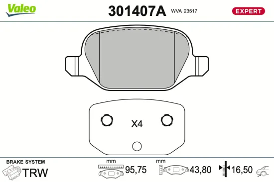 Bremsbelagsatz, Scheibenbremse Hinterachse VALEO 301407A Bild Bremsbelagsatz, Scheibenbremse Hinterachse VALEO 301407A