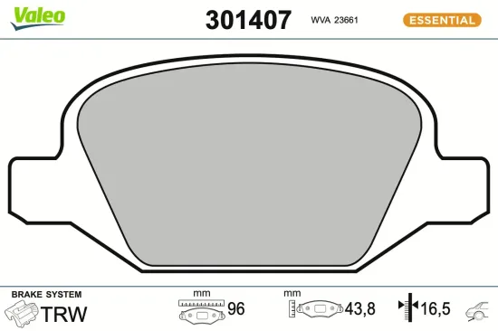 Bremsbelagsatz, Scheibenbremse Hinterachse VALEO 301407 Bild Bremsbelagsatz, Scheibenbremse Hinterachse VALEO 301407