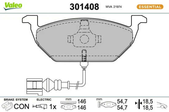 Bremsbelagsatz, Scheibenbremse Vorderachse VALEO 301408 Bild Bremsbelagsatz, Scheibenbremse Vorderachse VALEO 301408