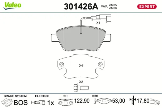 Bremsbelagsatz, Scheibenbremse Vorderachse VALEO 301426A Bild Bremsbelagsatz, Scheibenbremse Vorderachse VALEO 301426A