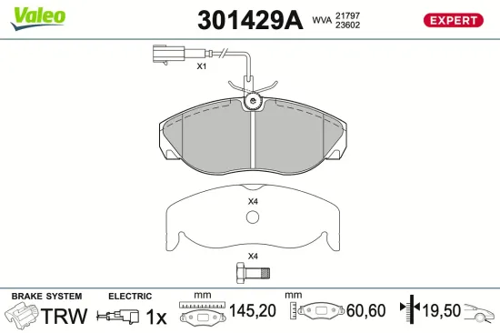 Bremsbelagsatz, Scheibenbremse Vorderachse VALEO 301429A Bild Bremsbelagsatz, Scheibenbremse Vorderachse VALEO 301429A