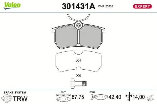 Bremsbelagsatz, Scheibenbremse Hinterachse VALEO 301431A Bild Bremsbelagsatz, Scheibenbremse Hinterachse VALEO 301431A